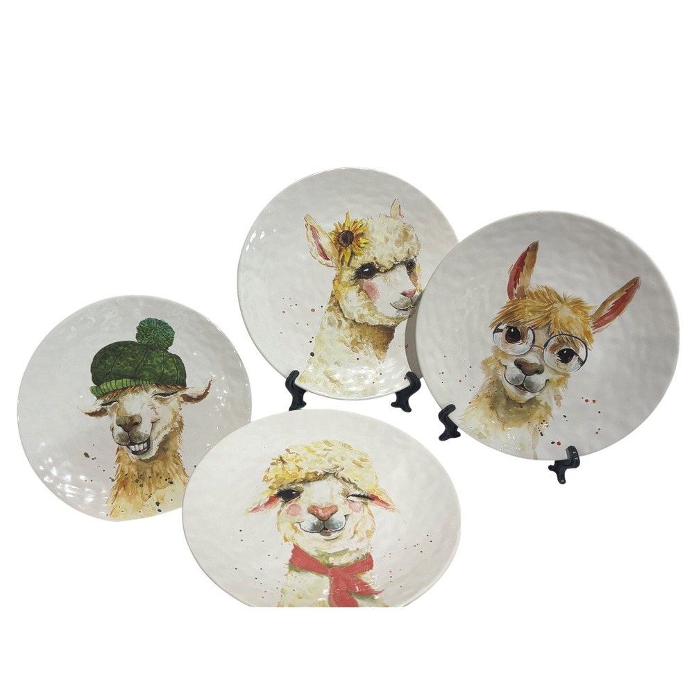 Pier 1 Imports Alpaca Llama Earthenware Plates Set of 4 Watercolor Art 8.5" Rare